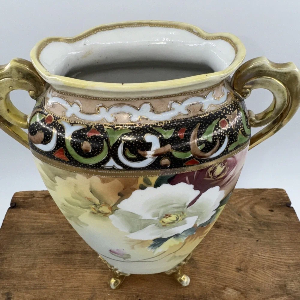 Vase Antique Nippon‎ Hand-Painted Porcelain w/Double Handle Floral Gold Gilt